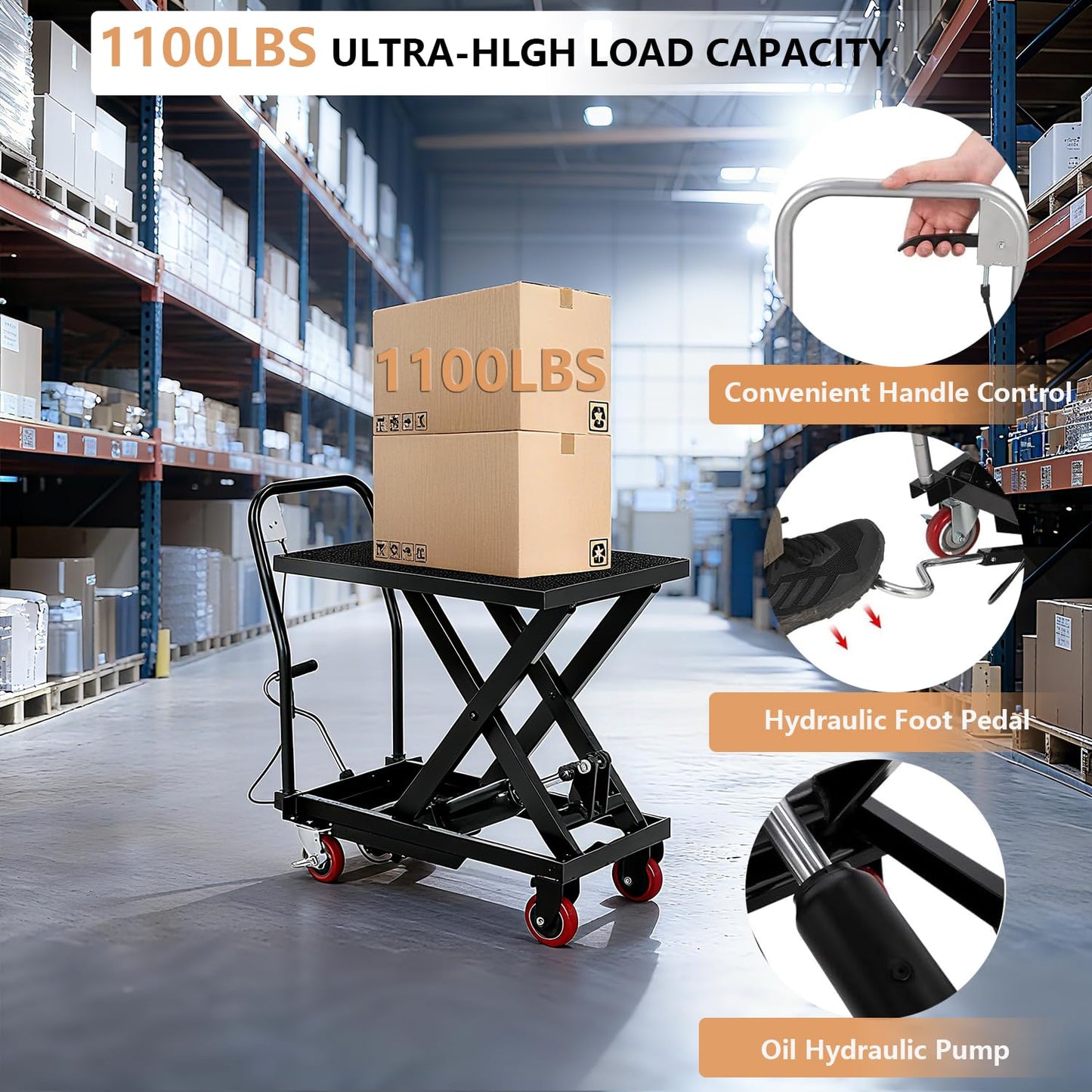 Hydraulic Lift Table, 1100 Lbs Capacity, 32" Lifting Height, Single Scissor Lift Table Cart with 4 Wheels and Non-Slip Pad, Manual Hydraulic Lifting Cart (Black-1100-Single-NEW)