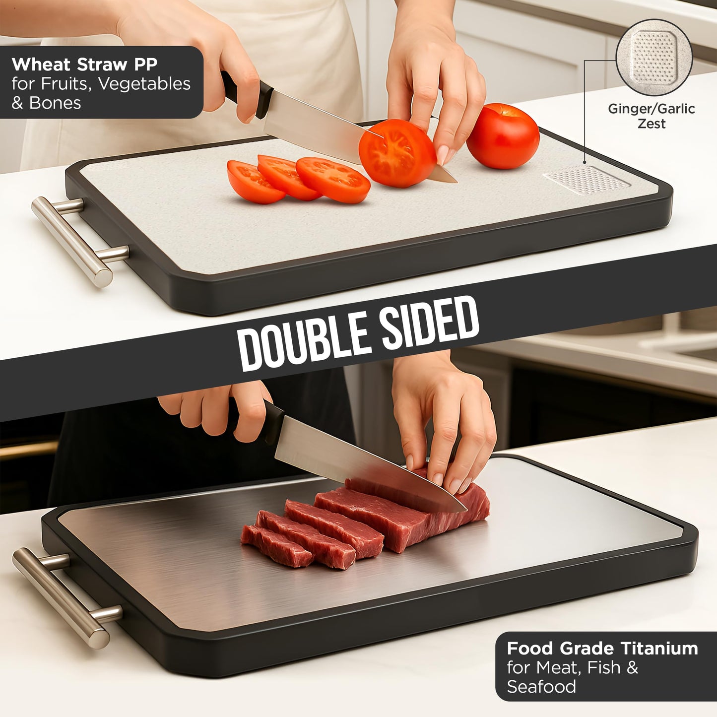 Titanium Cutting Board for Kitchen with Scraper – 16” x 11” Double-Sided Metal Cutting Board with Steel Handle, Large Prep Surface