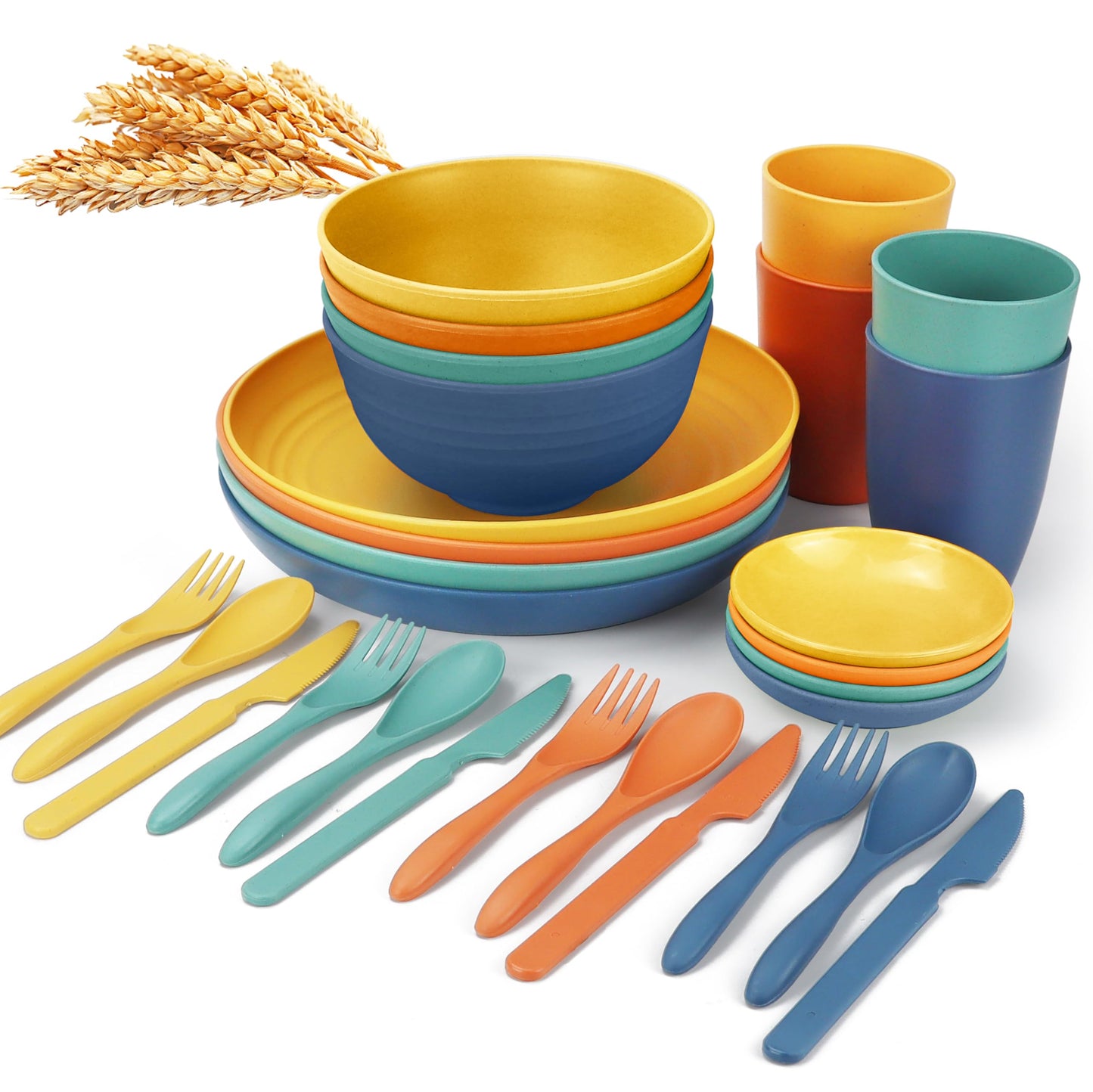 Wrova Wheat straw plates and bowls sets with cutlery - Unbreakable wheat straw dinnerware sets of 28 - Microwave safe plates,bowls,cups for camping,kitchen,new apartment.Colorful