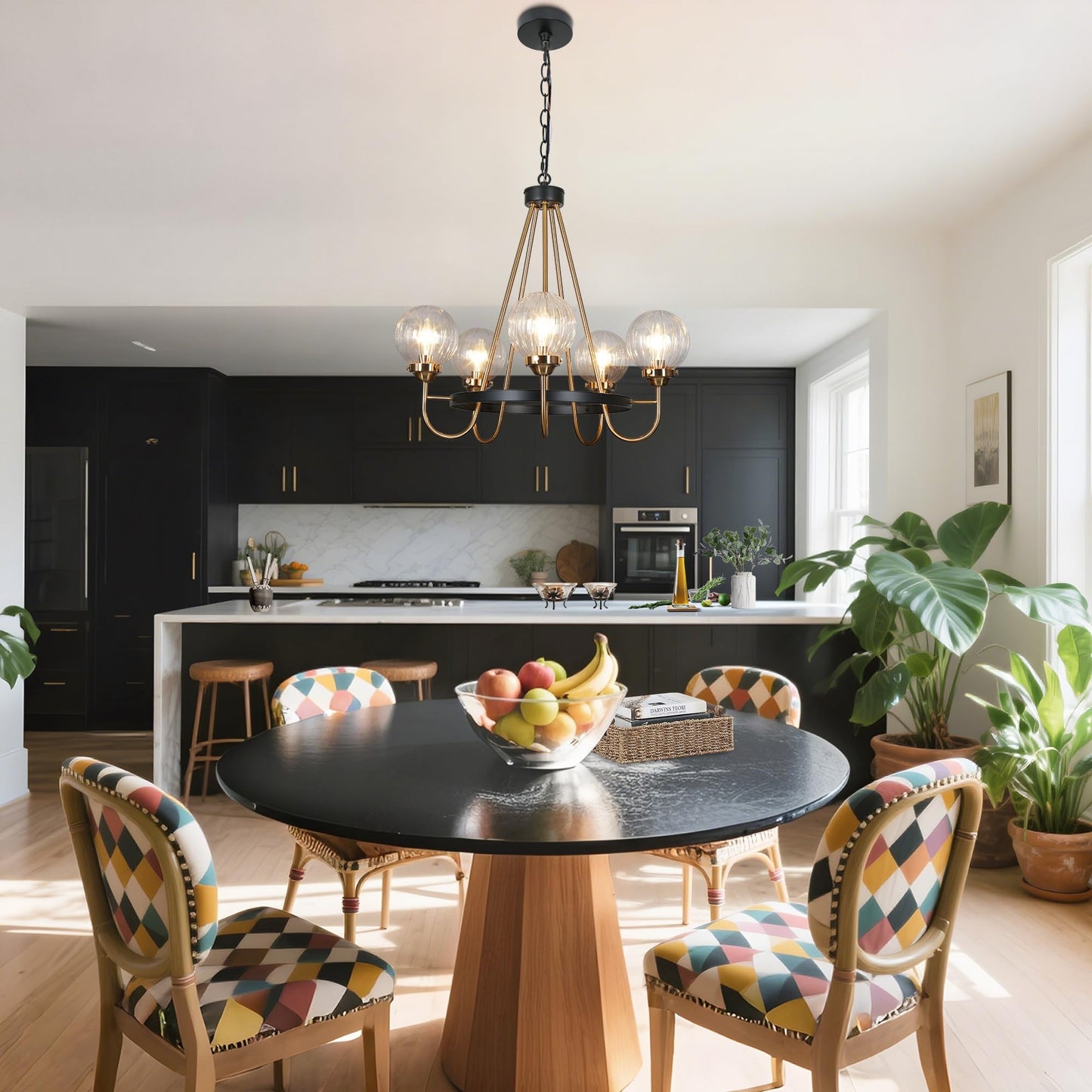 KSANA Black Gold Chandelier, Modern 5-Light Dining Room Light Fixture with Ribbed Glass Globes, Black and Brass Wagon Wheel Chandelier for Kitchen Island and Living Room