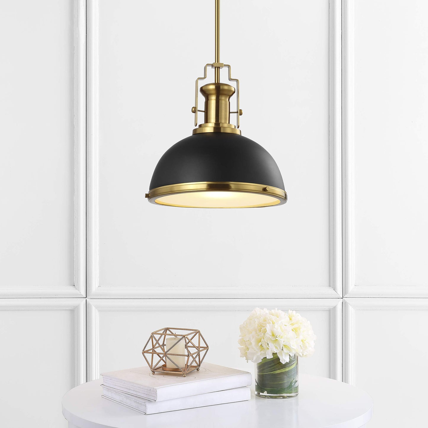 JONATHAN Y 13" Black/Brass Gold Modern Industrial Iron LED Dome Pendant Light, Adjustable Hanging Fixture for Kitchen Island or Entryway, Black Metal Shade, LED Bulb Included (JYL9536A)