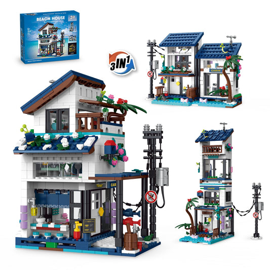 3 in 1 Beach House Building Set, Compatible with Lego Friends Seaside Villa, Construction Educational Toy with Light, Birthday Gift for Kids Girls Aged 8-12 (813 PCS)
