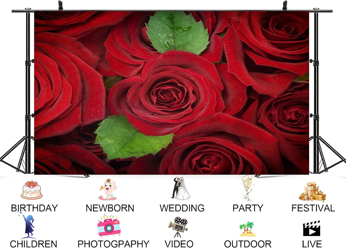 UPXIO 10x10ft Red Roses with Green Leaves Backdrop Romantic Floral Bouquet Photo Background Tapestry for Valentine's
