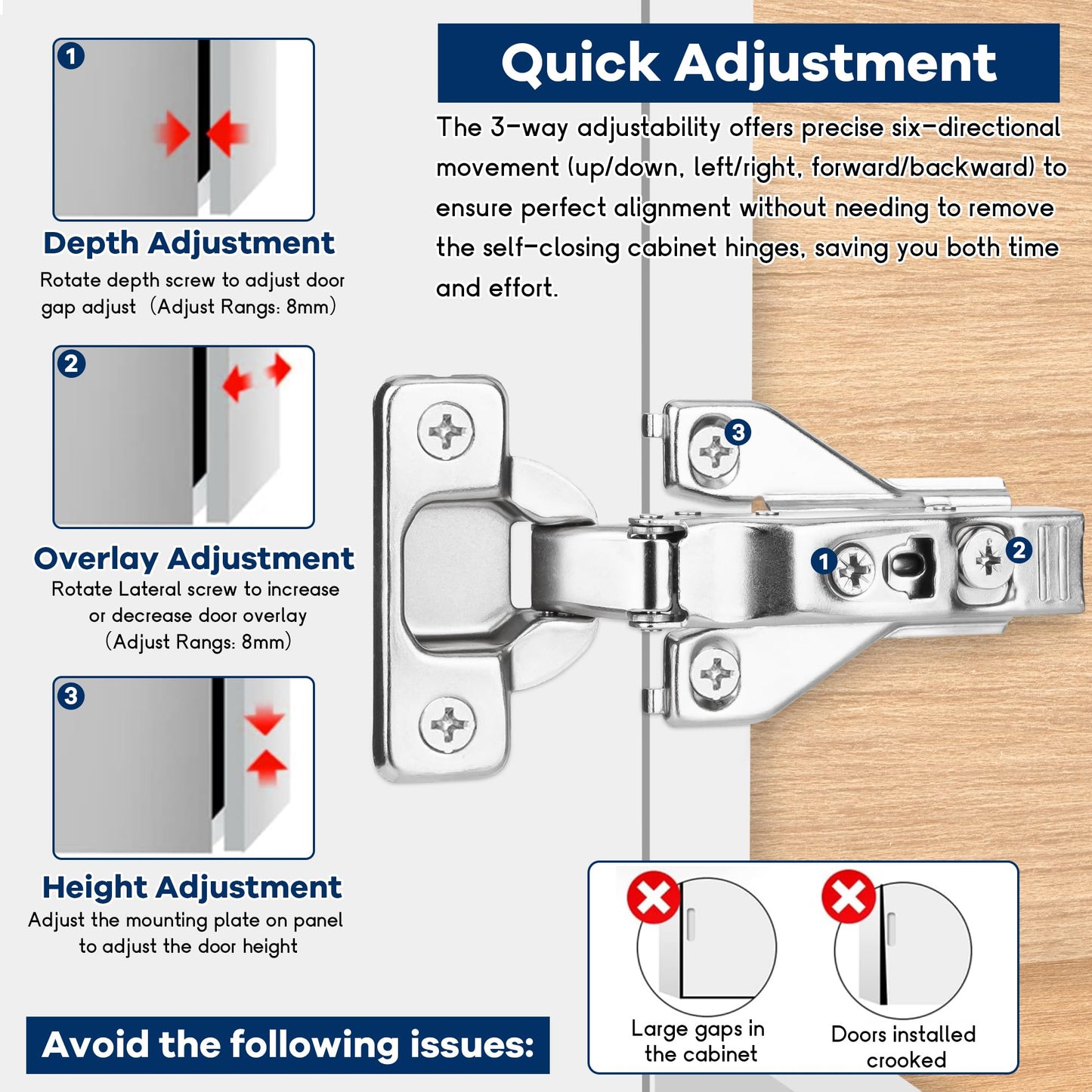 10 Pack 1/2'' Overlay Face Frame Soft Close Hidden Cabinet Hinges, 105 Degree 3D Adjustable Clip On Plate Concealed Kitchen Cupboard Door Hinges with Screws