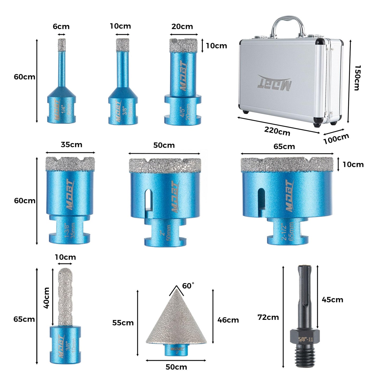 Diamond Core Drill Bit Set - 6/10/20/35/50/65mm Tile Hole Saw Kit with 50mm Chamfer Bit & 20mm Finger Bit, 5/8-11 Thread for Porcelain Tile, Granite, Marble, Masonry - Dry/Wet Drilling