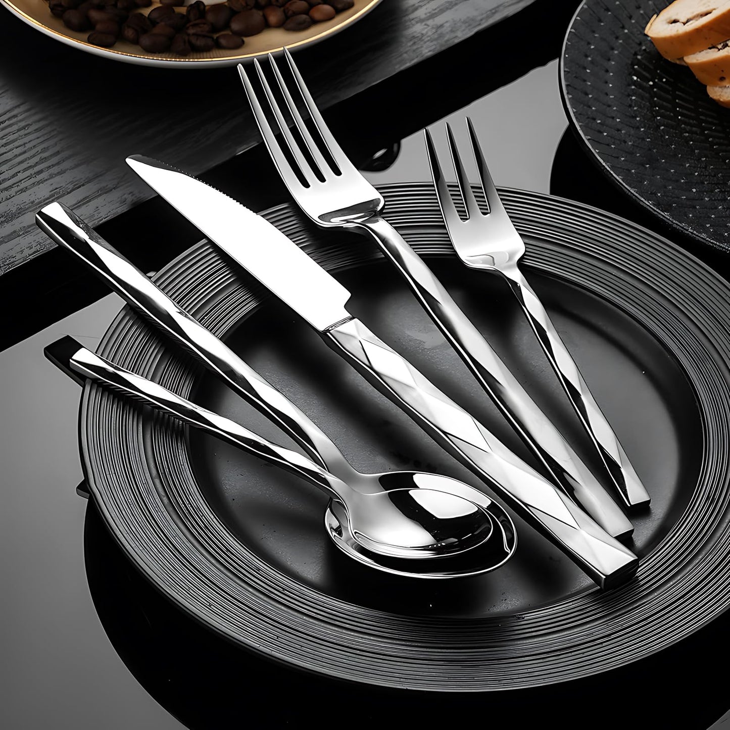 20 Piece Silverware Set, Stainless Steel Flatware Sets for 4, Mirror Polished Modern Design Cutlery Utensil Sets Include Dinner Knives Spoons and Forks for Home, Restaurant (Silvery-Diamond)