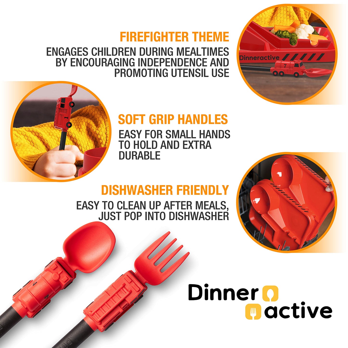 Dinneractive Utensil Set for Kids – Red Firefighter Themed Fork and Spoon for Toddlers and Young Children – 2-Piece Set