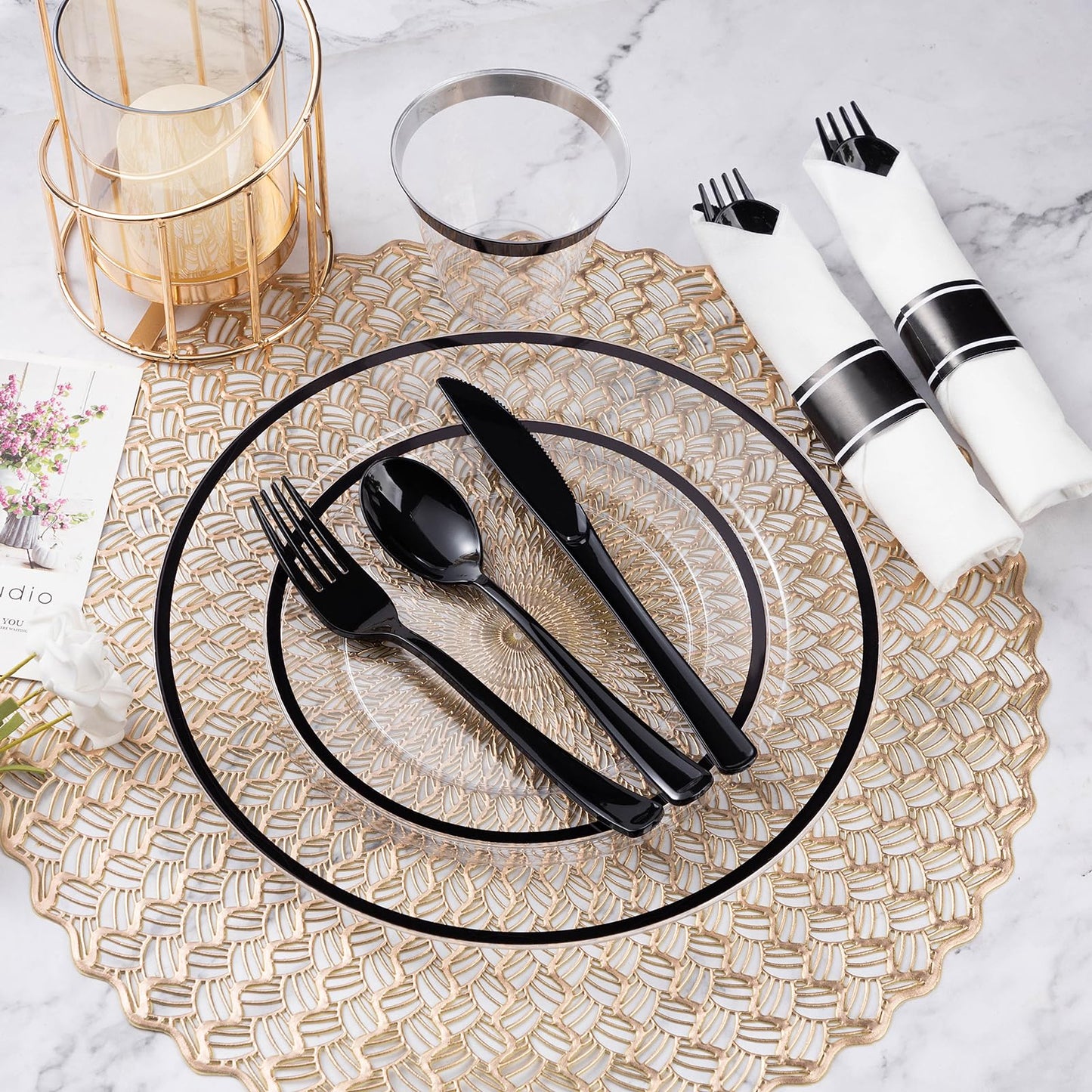 Goodluck 350 Piece Black Plastic Dinnerware Set for Party, Clear Disposable Plates for 50 Guests, Includes 100 Plates, 50 Pre Rolled Napkins with Cutlery Set, 50 Cups, for Graduation Party, Wedding