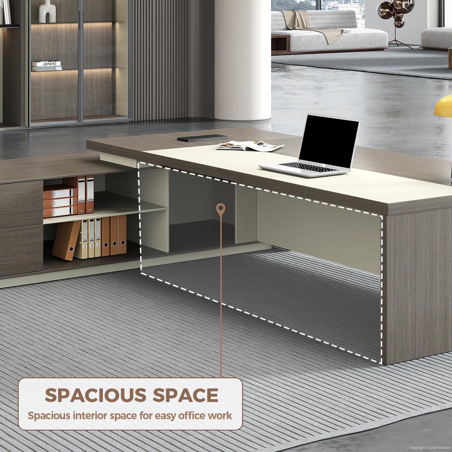 ZIMASYA 79 Inch L Shaped Executive Office Desk with Storage Cabinet, Left Return Desk with 2 AC Outlets and 2 USB Ports, Lockable Drawer, Cable Management Box, Smoked Gray and Off White