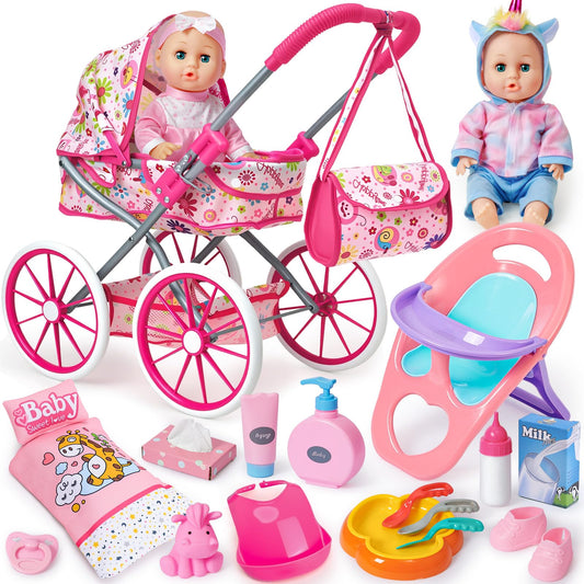 Golray 12 in Baby Doll Toys Set with Stroller for 3 4 5 6 Year Old Girl - 26pcs Babydoll with Accessories Quilt Pillow/Highchair/2 Clothes, Feeding Nursing Pretend Play Toddler Girl Toy Gift 3-5-7
