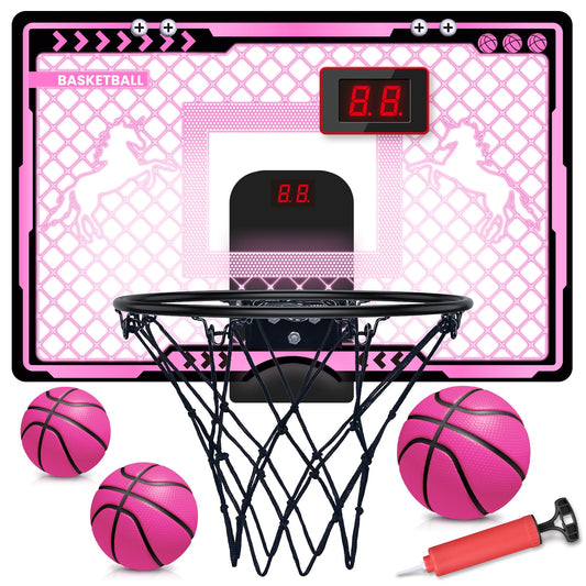 Basketball Hoop Indoor Kids Girls Pink - Mini Over The Door Basketball Hoops with Electronic Scoreboard Toys & 3 Balls, Unicorn Birthday Gifts Age 5 6 7 8 9 10 11 12 Year Old Girls