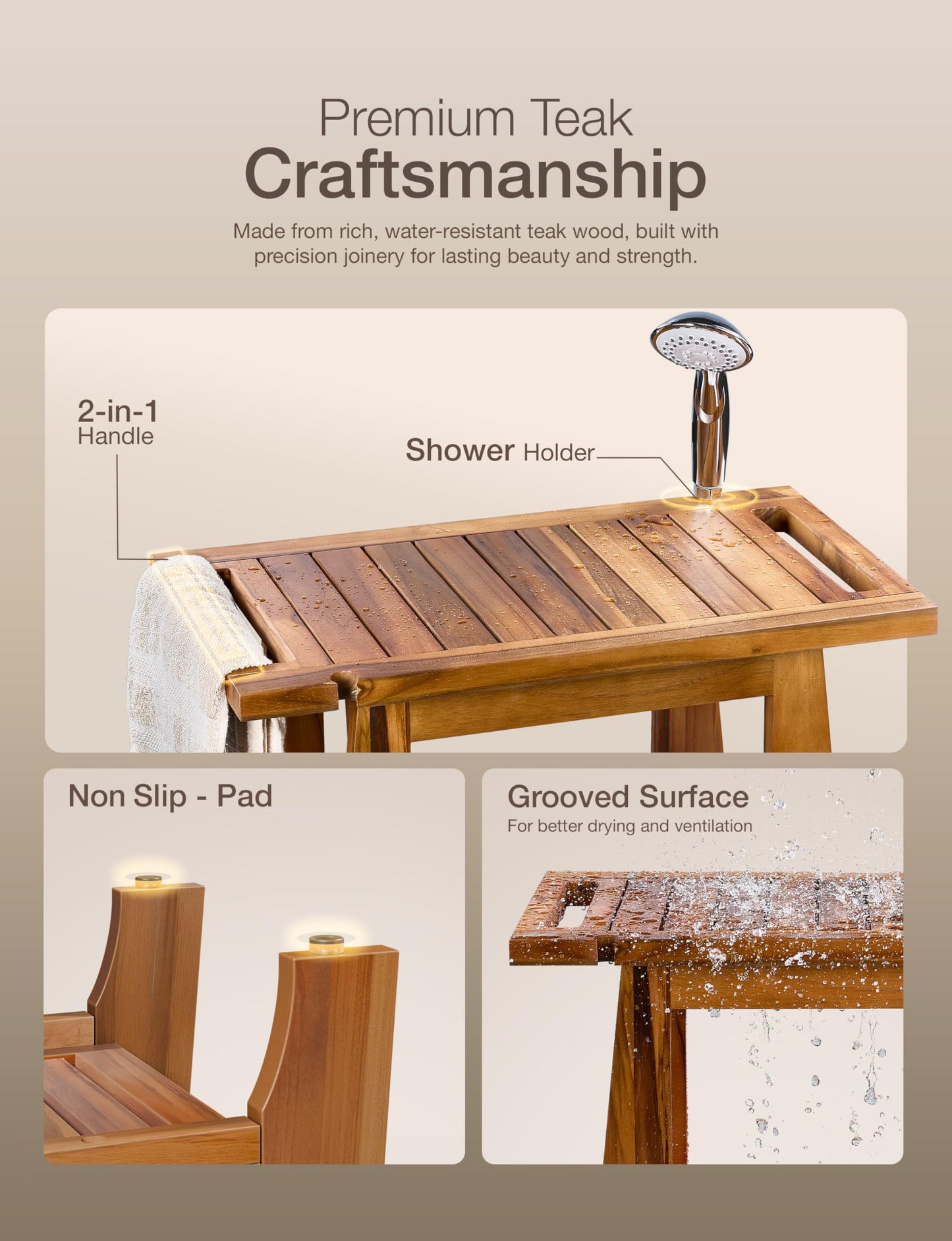 Tinamo 22”L Teak Shower Bench for Inside Showers -400Lbs Capacity-Teak Shower Stool, Wooden Bathroom Bench, Shower Chair for Inside Shower with Handle, Teak Shower Bench, Wood Bench with Shower Holder