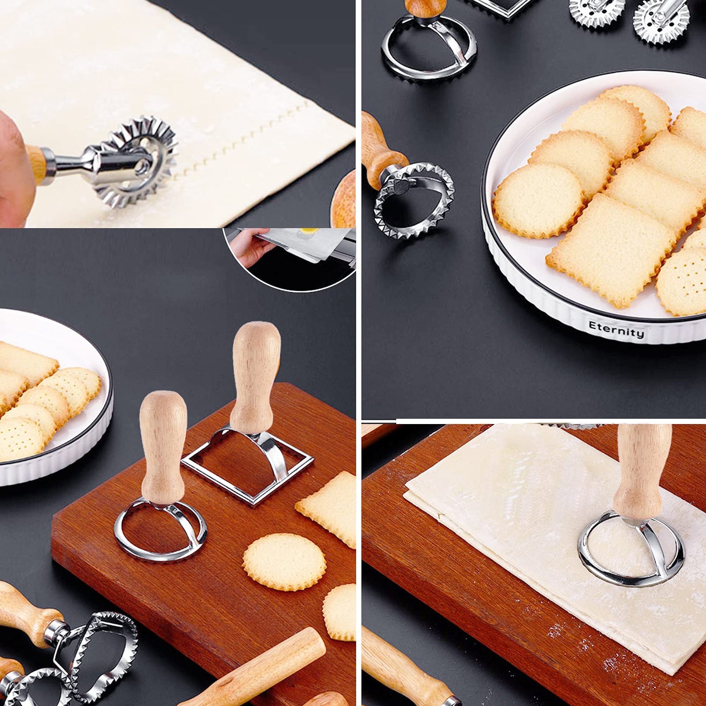 Ravioli Maker Stamp Cutter with Roller Wheel Set, Pasta Maker Mold with Wooden Handle and Fluted Edge, Ravioli Cutter and Press Stamp – for Pasta, Dumplings Lasagna, Pierogi (3 Set with Cutter)