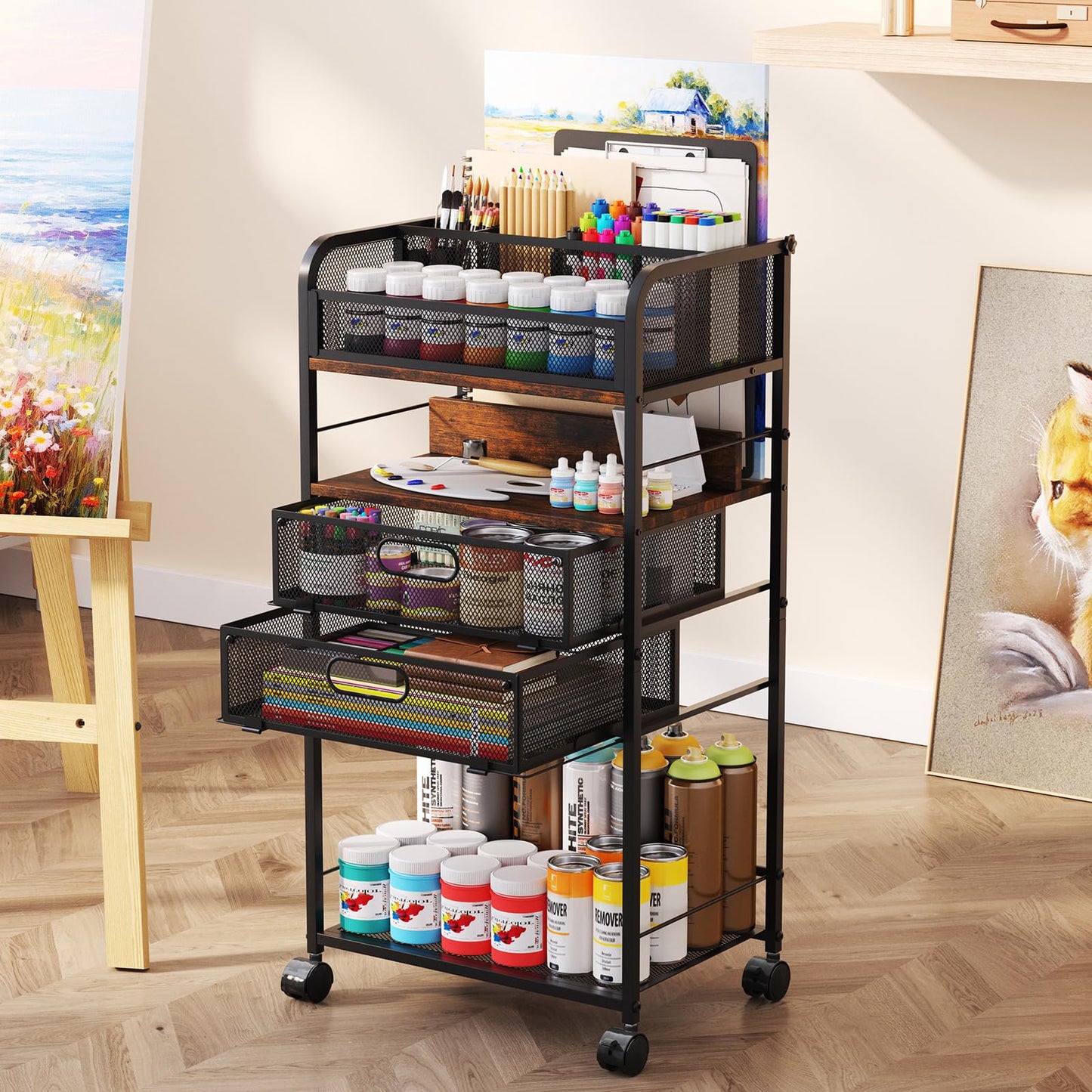 Homsorout Art cart, 5 Tier Rolling Cart - Utility Cart with Storage Drawer and Wheels, Versatile Art & Craft Organizer for Home, Office, or Studio Ideal for Storing Brushes, Paints