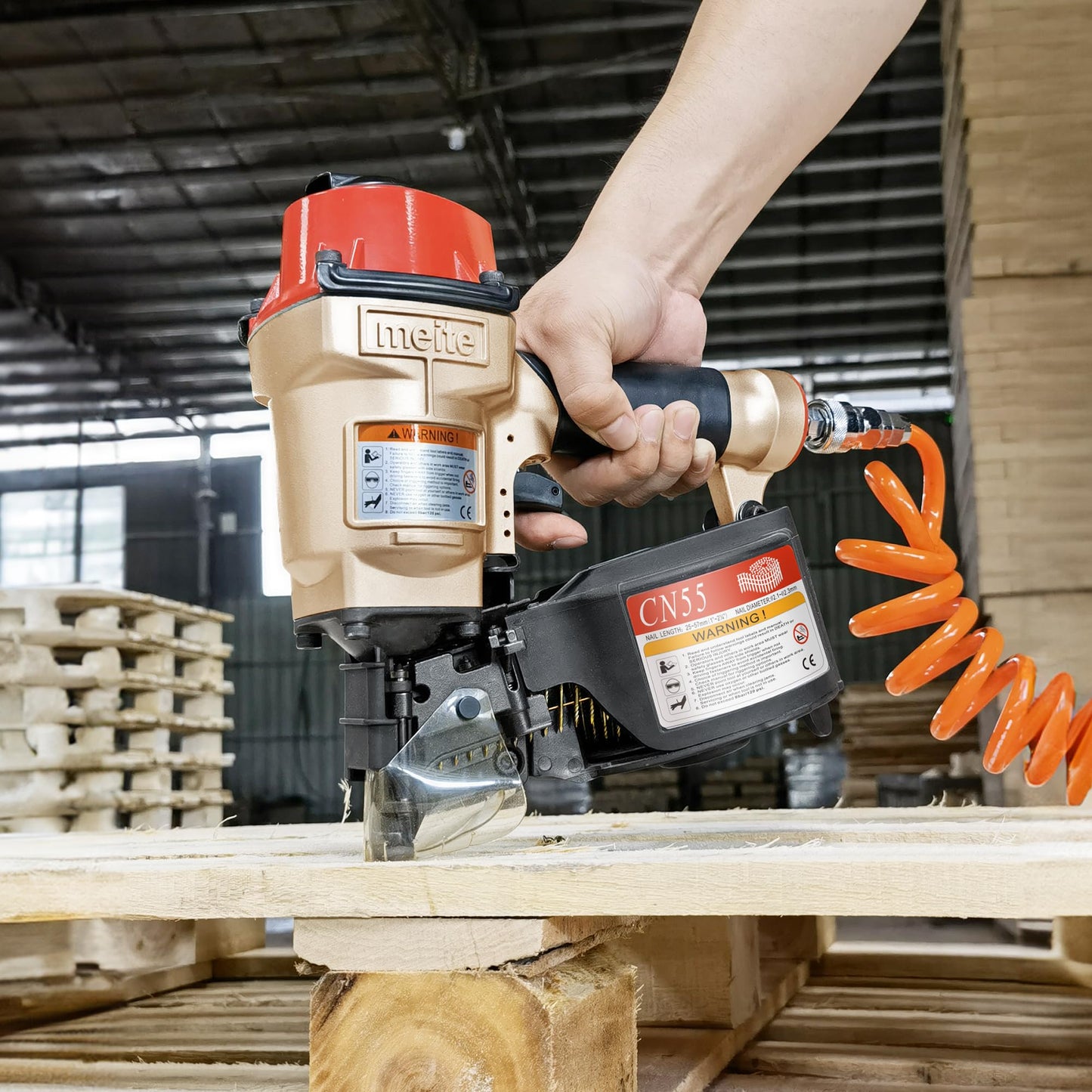 meite CN55 Coil Nailer Pneumatic Nail Gun 15 degree 1" to 2-1/4" Coil Nails, Heavy Duty Air Coil Nailer with Coil Nail Magazine 300PCS for Hardwood Projects Pallets Framing Sheathing
