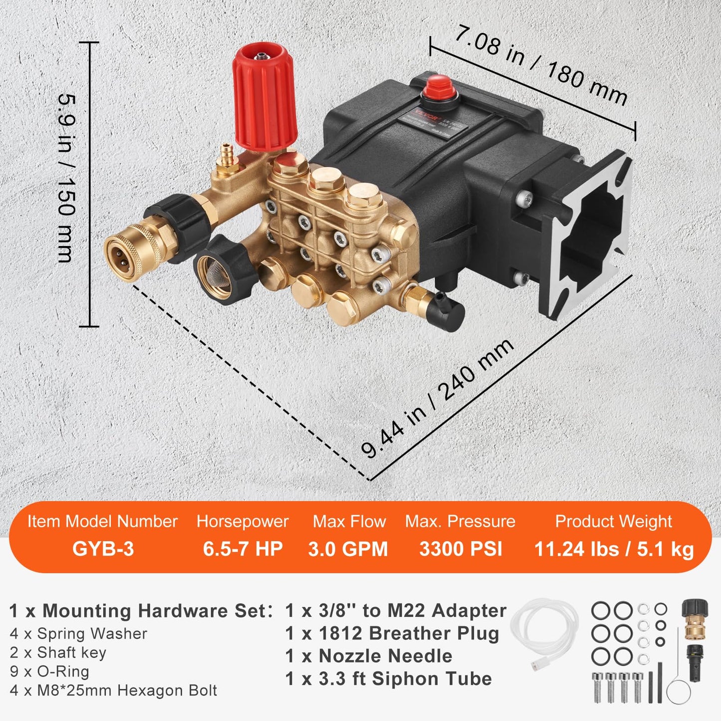 VEVOR Horizontal Triplex Pressure Washer Pump, 3/4" Shaft, 3300 PSI, 3.0 GPM, Replacement Power Washer Pumps Kit, Parts Washer Pump, Compatible with Simpson MorFlex Models 40224, 40225, 40226 etc.
