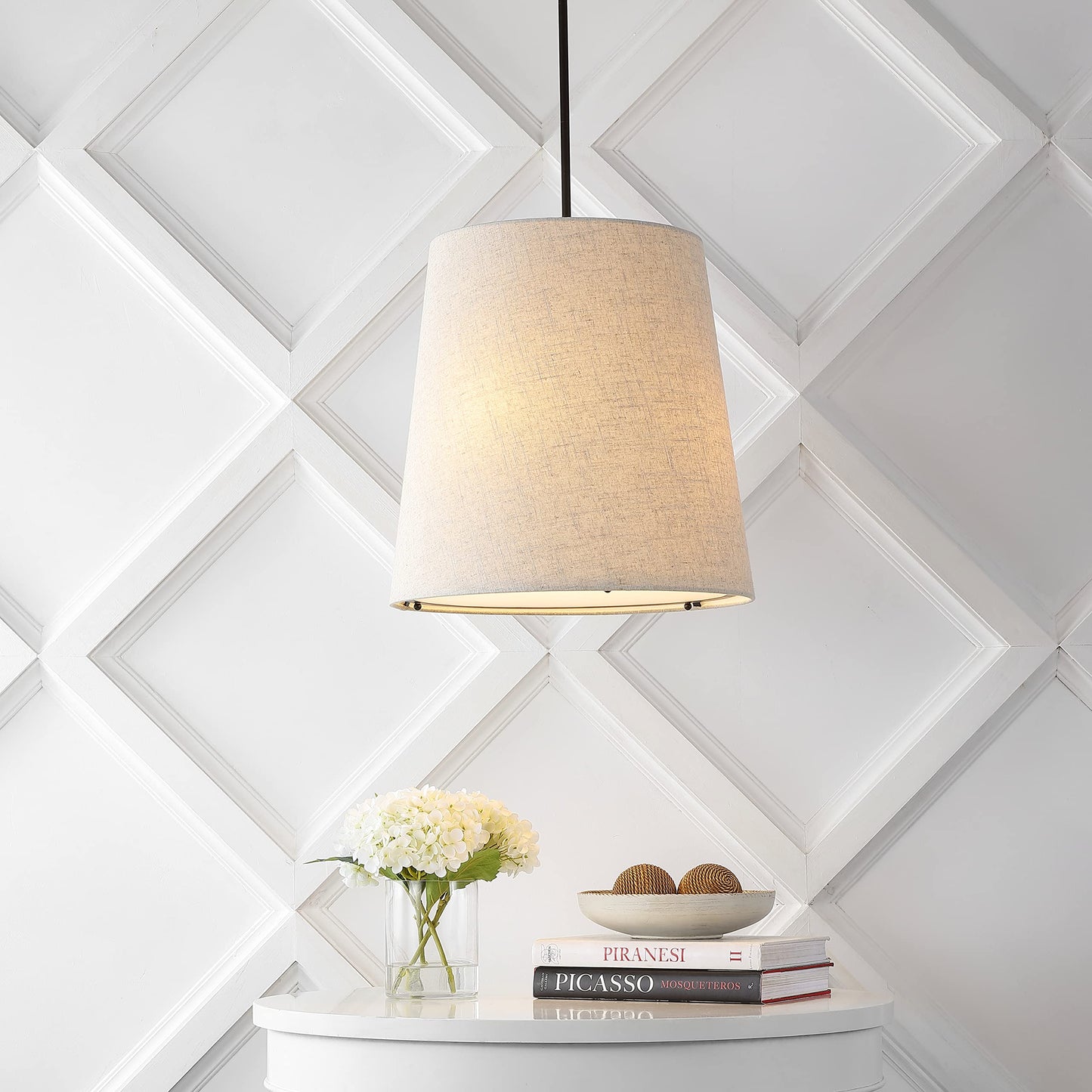 JONATHAN Y 18" Oil Rubbed Bronze 1-Light Iron and Linen Pendant Light, Modern Farmhouse Bohemian Empire Hanging Ceiling Fixture, Adjustable Height, LED Bulb Included JYL1314A