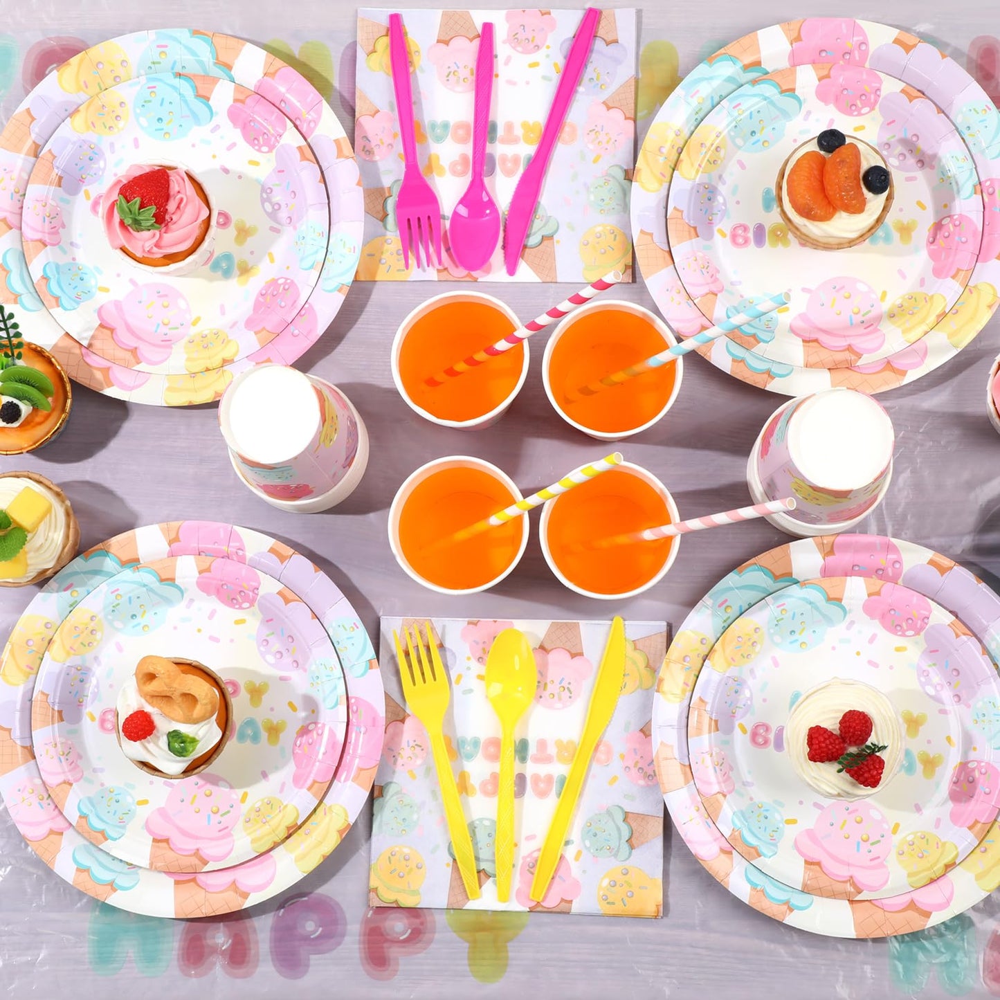 LOYIM 194 Pcs Ice Cream Birthday Party Decorations Supplies 24 Guest Disposable Dinnerware with Ice Cream Tablecloth Paper Plates Cup Napkin Plastic Fork Knives Spoon for Grow up Party Shower
