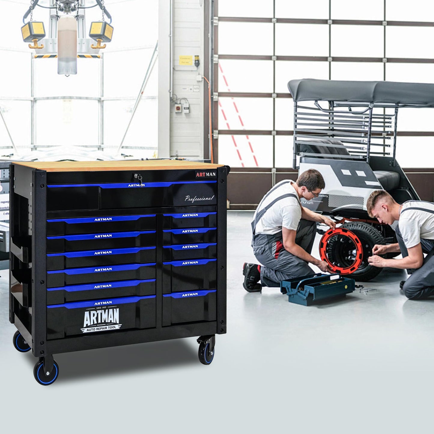 WIILAYOK Rolling Tool Chest on Wheels, Heavy Duty Metal Tool Cabinet Chest with 12 Drawers, Wooden Workbench Top, Large Tool Cart for Warehouse, Garage, Workshop, Repair Shop, Tool Organizer Chest