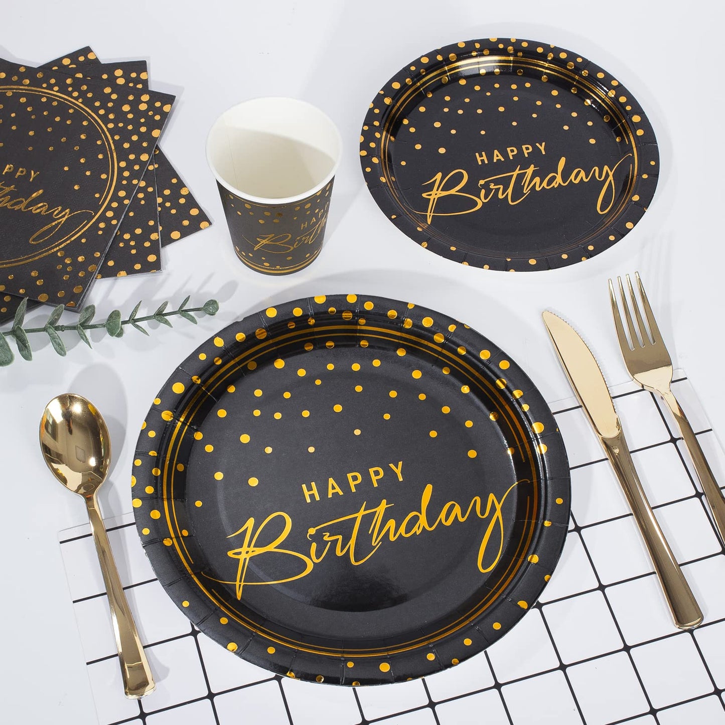 175PCS Happy Birthday Disposable Dinnerware Set Party Supplies, Paper Black Gold Plates and Napkins with Gold Plastic Forks Knives Spoons Serve 25 Guests for Birthday Party Decoration