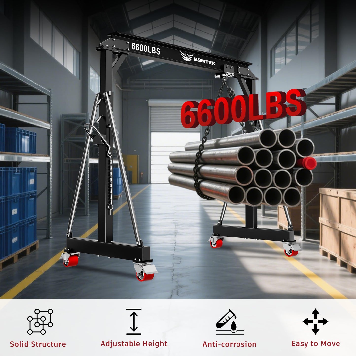 BSMTEK 3 Ton 6600LBS Gantry Crane, Upgraded Trolley, Adjustable Height (8.53-12.47 FT), Width (8.53 FT), Steel I-Beam Construction, Portable Shop Hoist for Factory, Warehouses, Repair