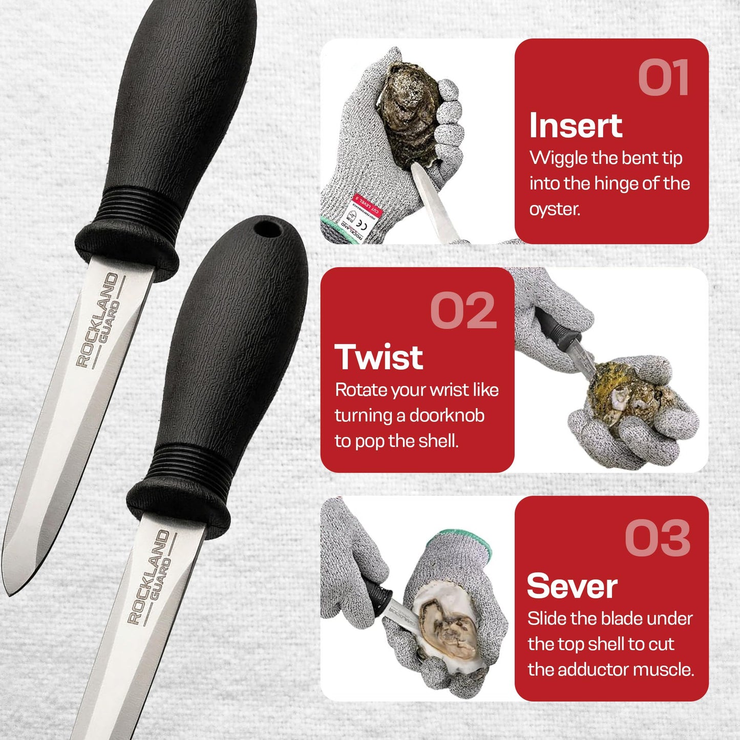 Rockland Guard Oyster Shucking Knife 2-Pack - 3.5” Heavy Duty 420 Stainless Steel Shucker Set for Clams & Shellfish - Non-Slip Ergonomic Handle Seafood Tools, Set of 2