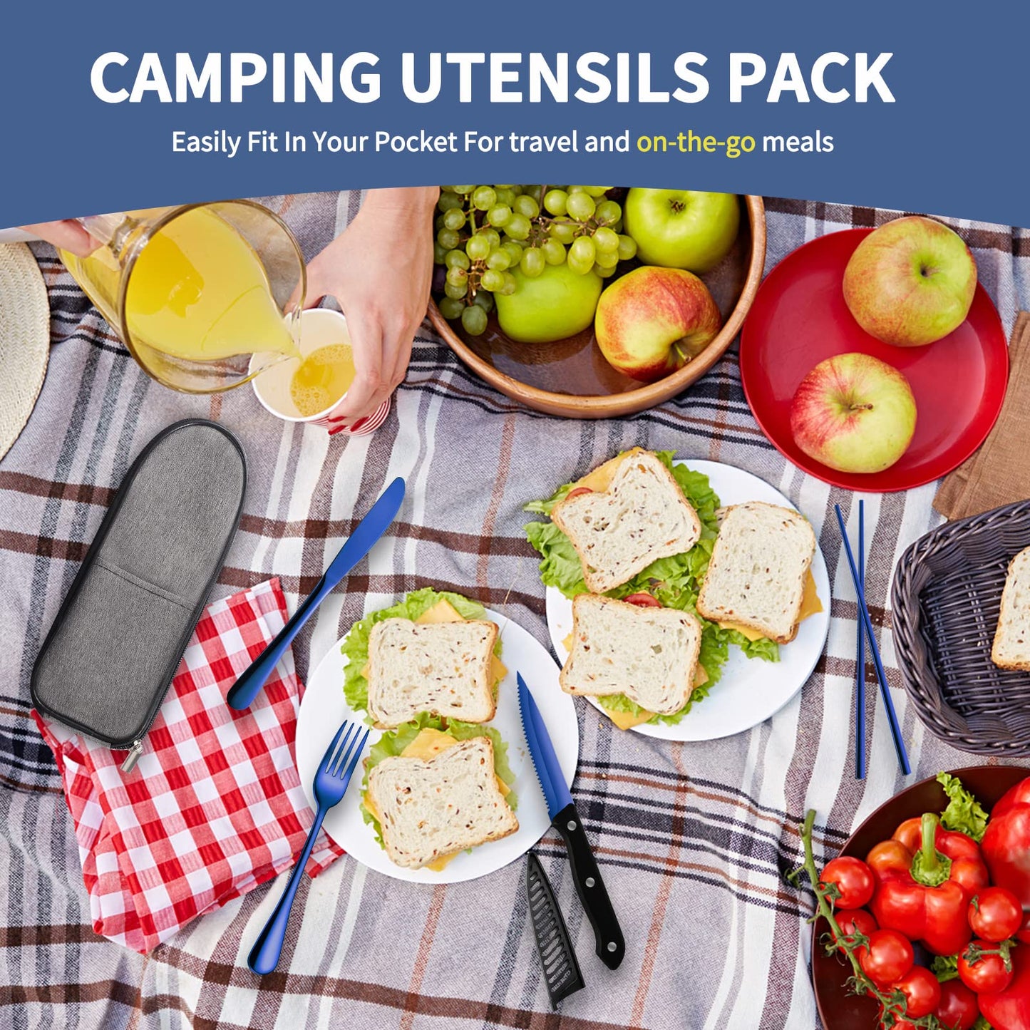 Logcow Travel Utensils Set with Case, 10-Piece Reusable Stainless Steel Camping Cutlery, Portable Fork Spoon Knife Chopsticks & Straw for Work, Lunch, Picnic (Blue)