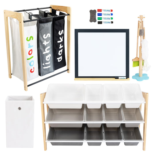Humble Crew Kids Toy Storage Organizer with Bins, Laundry Hamper & Cleaning Set, Playroom Organization System with Whiteboard & Accessories