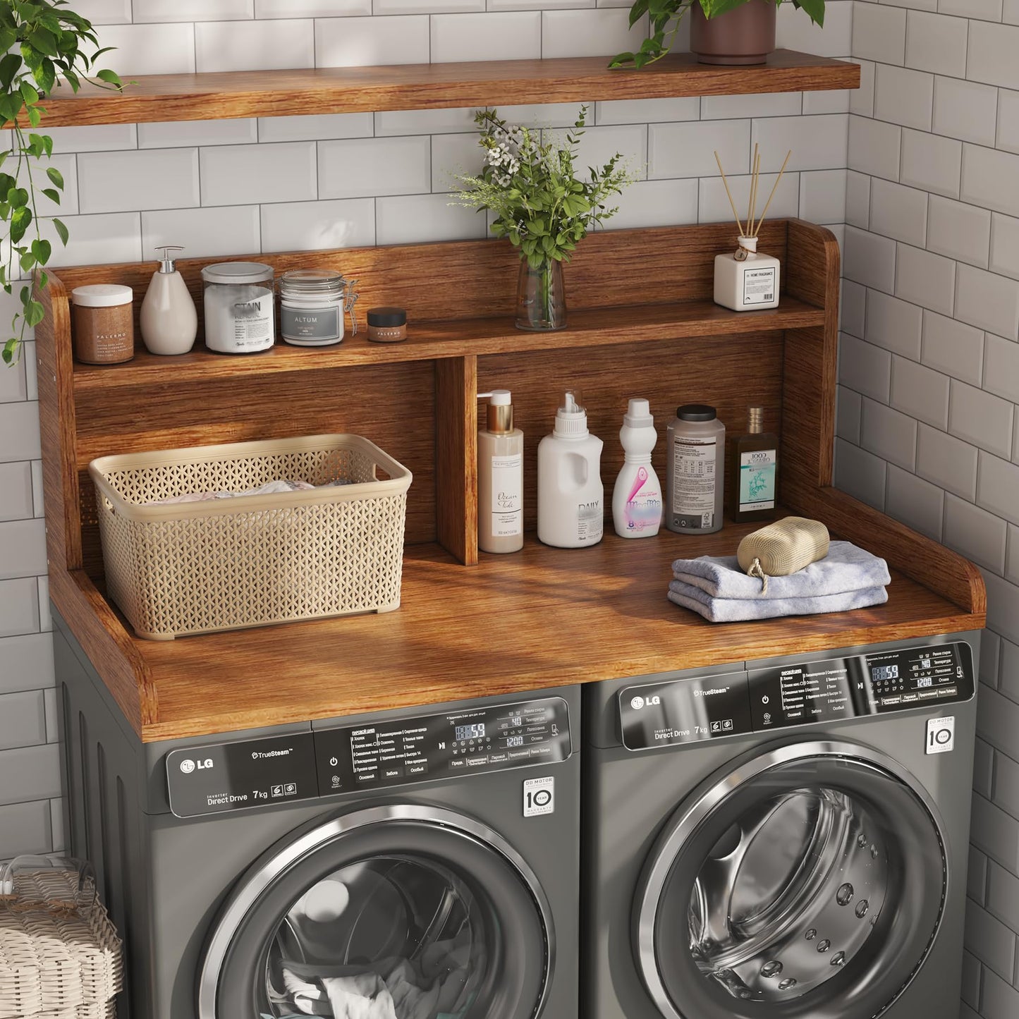 Corbyles 2-Tier Washer Dryer Countertop, 18.5" Raised Height Laundry Countertop with Edge Rails and Non-Slip Pad, 54"W x 27.55"D Washer and Dryer Topper for Laundry Room Storage Organization (Brown)