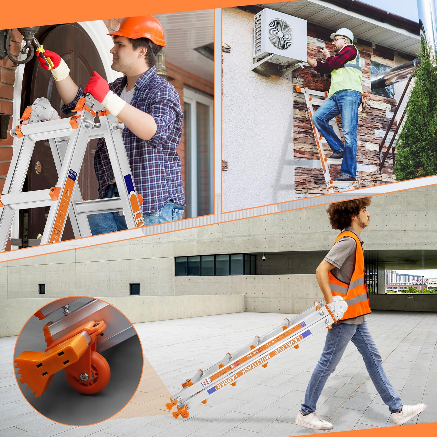LEVELEVE Telescoping A Frame Ladder, 17FT Multi Position Ladder with Stabilizer Bar & Wheels,330 lbs Security Load for Stairs Home Indoor Outdoor Roof
