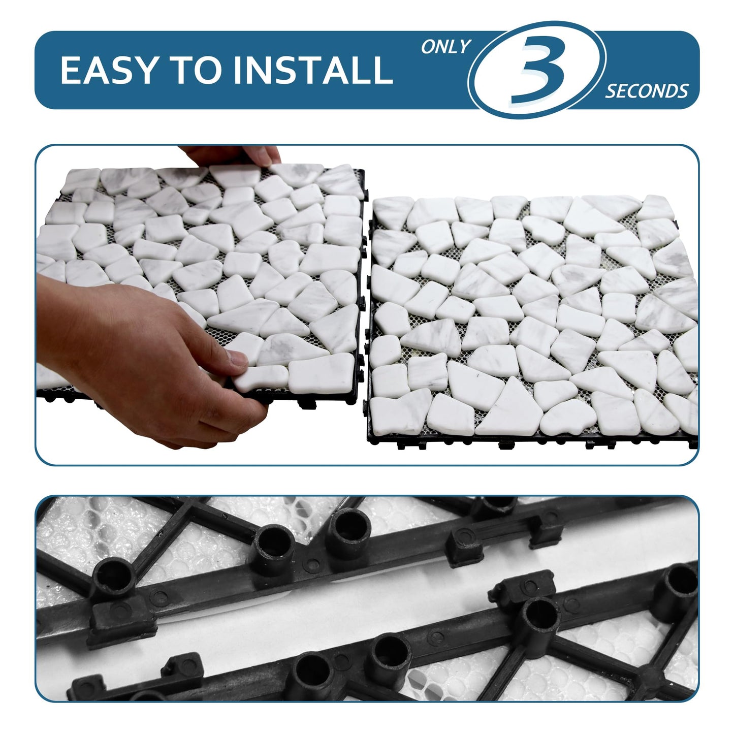 4PCS Natural Pebble Interlocking Deck Tiles, 12" x 12" Recycled Glass Marble Looks Waterproof Patio Deck, Outdoor & Indoor Flooring Decking Tiles for Porch Poolside Balcony Backyard, Carrara White