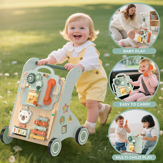 WOODMAM Wooden Baby Walker, Adjustable Speed Baby Push Walker for 1 Year Old, 10-in-1 Montessori Walker for Boys & Girls, Toddler Sit-to-Stand Learning Toy with Detachable Busy Board
