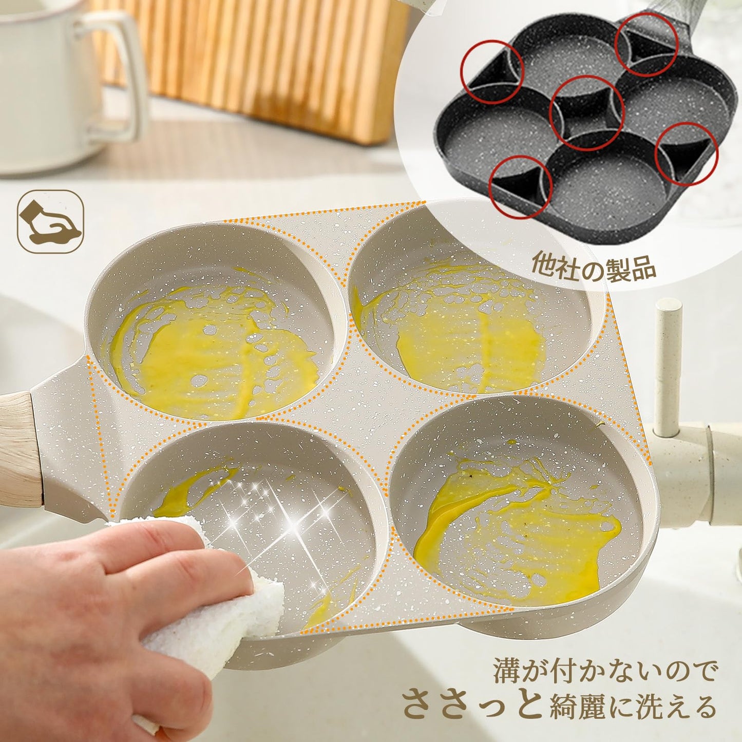 CAROTE Fried Egg Frying Pan with Dividers, Induction Compatible, 4-Hole Round Frying Pan, Multi-Pan, Breakfast Pan