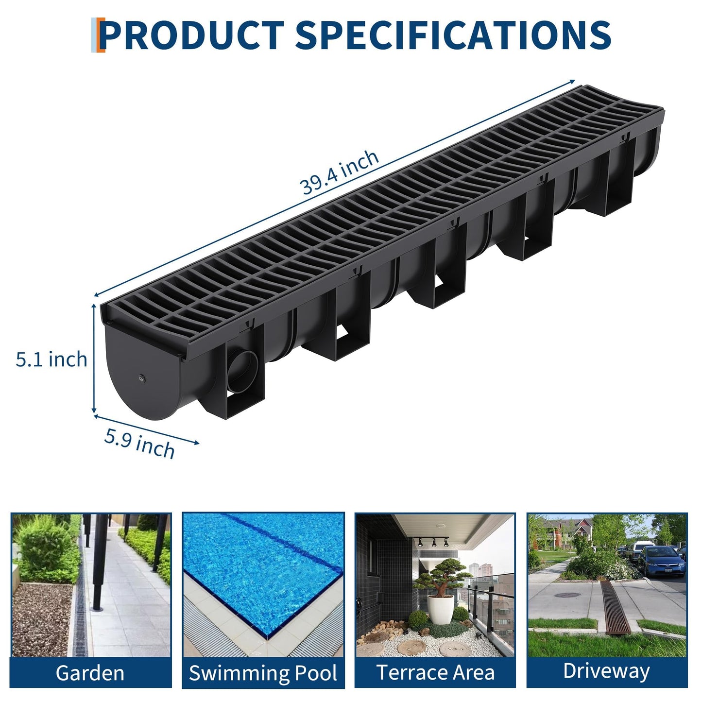 GarveeTech 5-Pack 39.4" l Channel Drain System with Plastic Grate, Heavy-Duty HDPE Trench Drain for Driveway, Landscape, Patio, Pool, Yard & Roof Runoff | 5.9" w x 5.1" h | Weather-Resistant