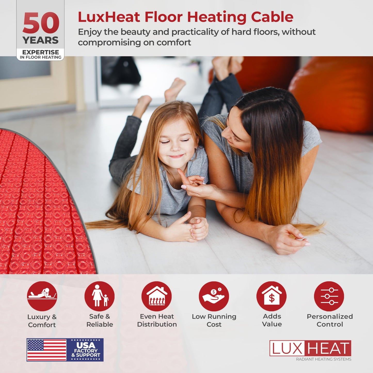 LuxHeat 90sqft Electric Radiant Floor Heating System - 120v Tile Floor Heating Kit for Vinyl - Includes UDG4 Programmable Thermostat w/GFCI, Heater Cable, Uncoupling Membrane, Flooring Sensor & Alarm