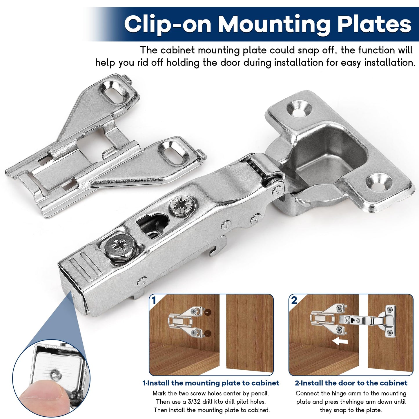 10 Pack 1/2'' Overlay Face Frame Soft Close Hidden Cabinet Hinges, 105 Degree 3D Adjustable Clip On Plate Concealed Kitchen Cupboard Door Hinges with Screws