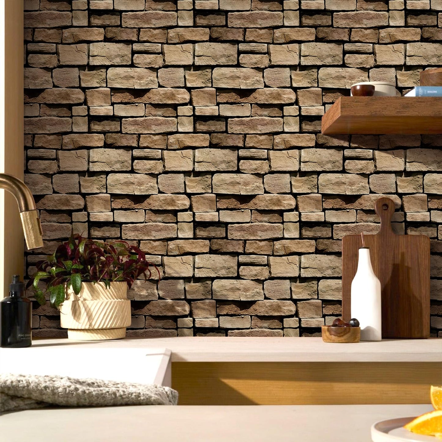 Commomy 3D Faux Stone Wall Panel Peel and Stick Wall Tiles - Fake Stone Wall Sticker 10 Pcs of 11.8" x 11.8" Thin Ultralight PVC Rock Wall Covering Kitchen Backsplash,Living Room,Interior Wall Decor