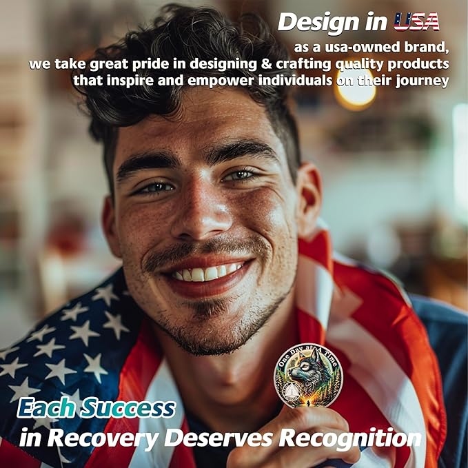 One Day at a Time 1 Year Sobriety Coin - Recovery Aurora Forest Wolf AA Coins - Addiction NA AA Chips and Medallions - Celebrate 1-20 Living Clean Narcotics Alcoholics Anonymous Gifts for Men Women