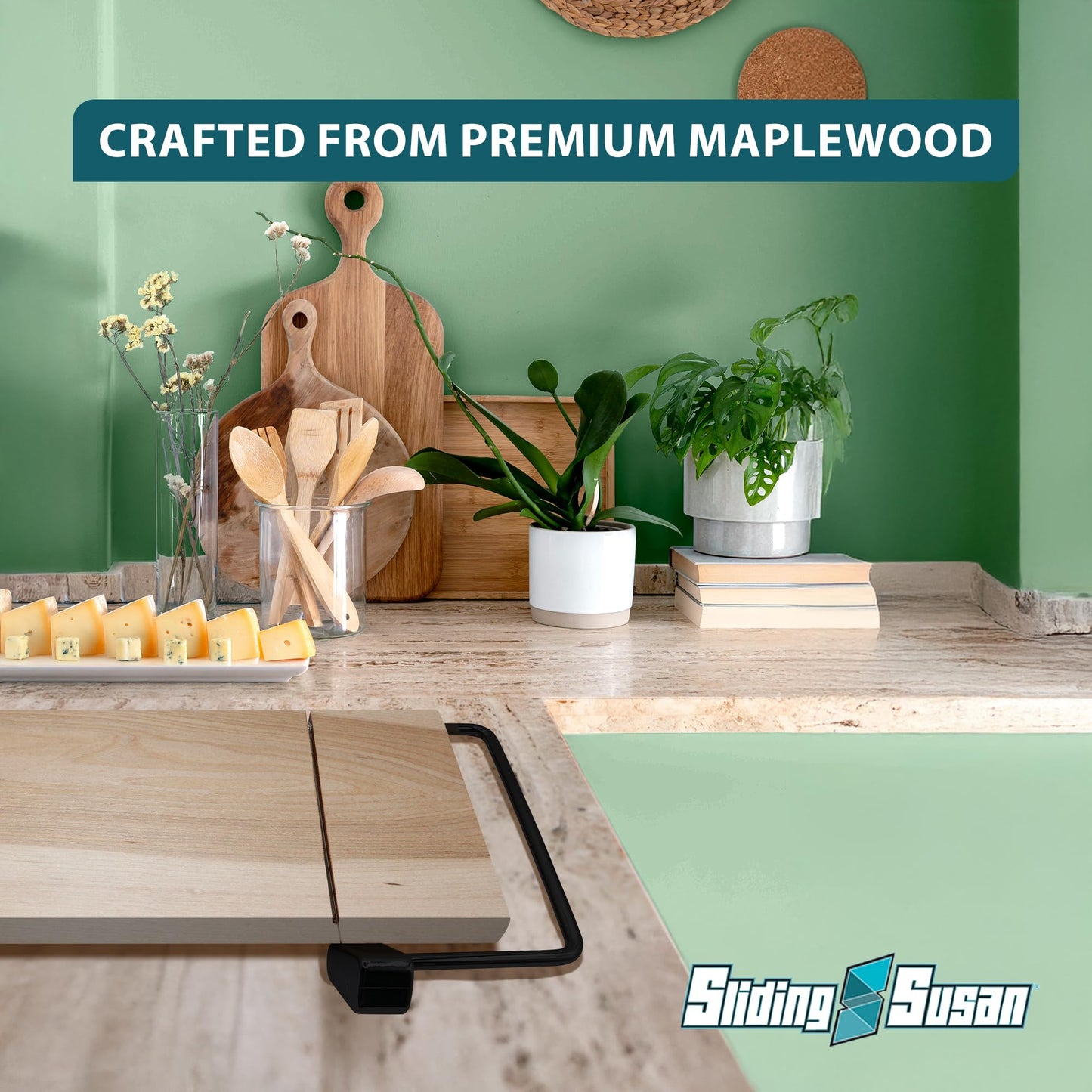 SlidingSusan Cheese Cutting Board - 11” Maple Wood with Black Stainless Steel Slicer - Charcuterie Block for Hard & Soft Cheeses, Butter, Meat – Heavy Duty Handheld Kitchen Tool