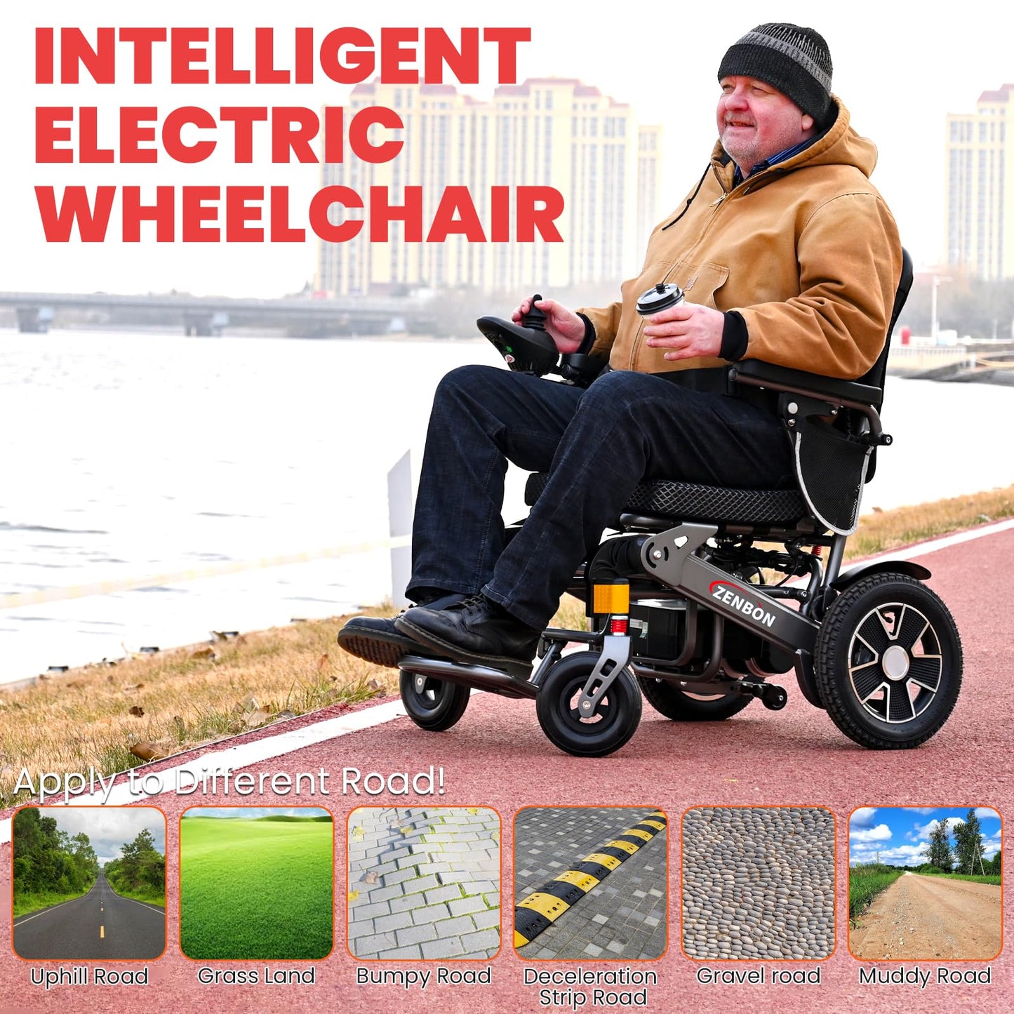 Electric Wheelchair ZENBON Lightweight Extra Wide Automatic Folding Motorized Wheelchairs for Seniors/Adults Motorized Mobility Device All Terrain 700W Power Wheel Chairs with Baskets 330Lbs (Silver)