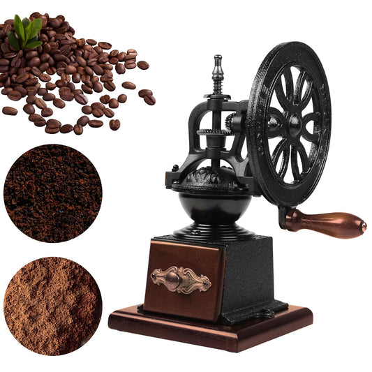 Vintage Manual Coffee Grinder with Cast Iron Wheel, Wood Handle, Carbon Steel Grinding Core, Black and Brown, 10.63x5.71 Inch