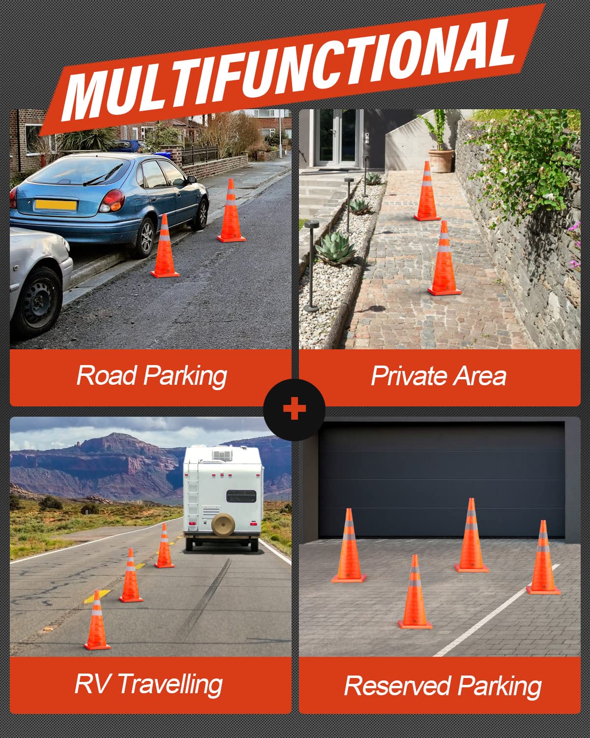 RoadHero 28 Inch 20 Pack Collapsible Traffic Safety Cones, Multi Purpose Pop-up Cones with Reflective Collar for Road Safety, Orange Cones for Driving Training, Parking Lots