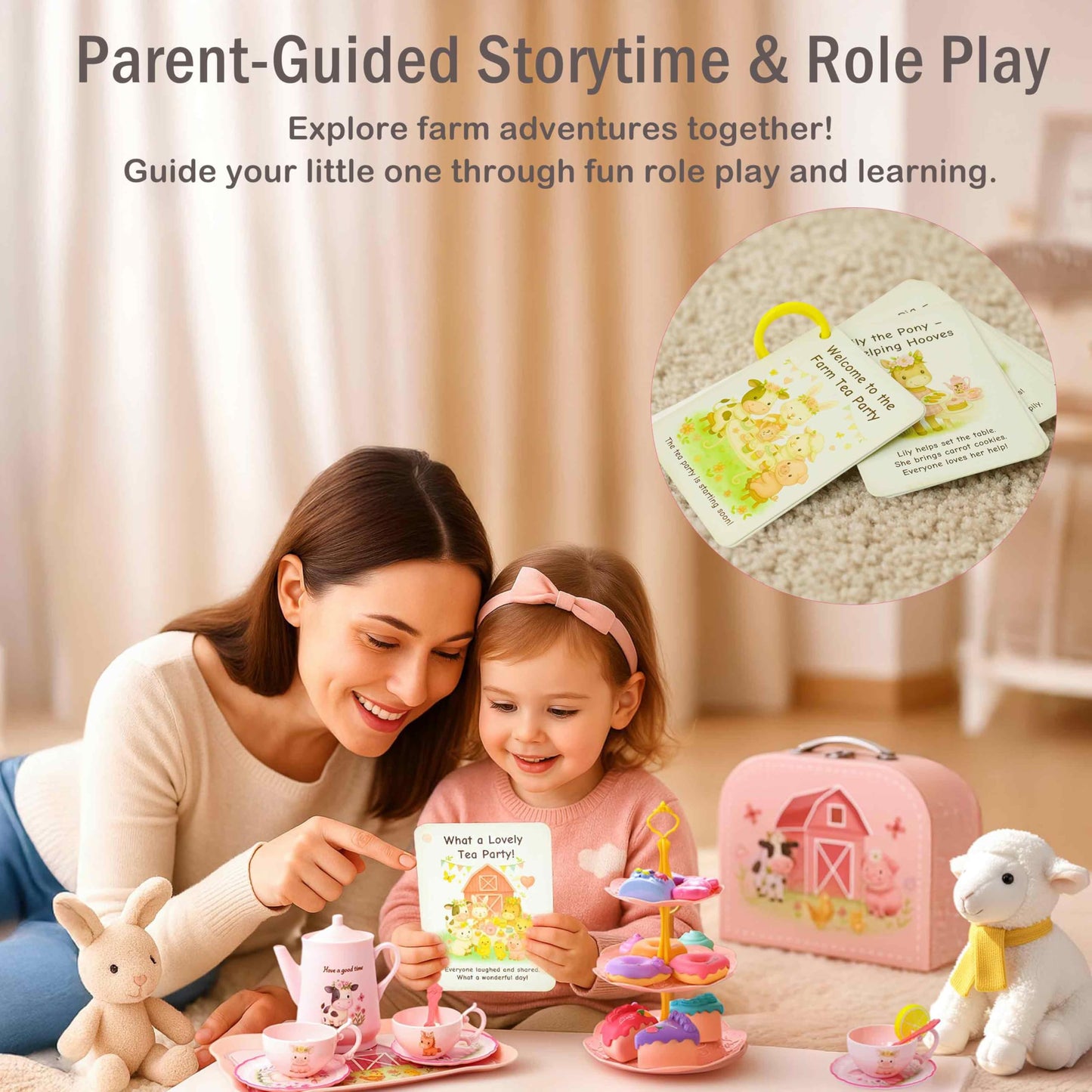 Lajeje Pink Barn Tea Party Set for Little Girls, 47PCS Farm Animal Pretend Play Tea Time Kit, Tea Sets for Toddlers 3-5 with Teapot & Story Cards, Carry Case Girls Birthday Gift, Easter Basket Stuffer