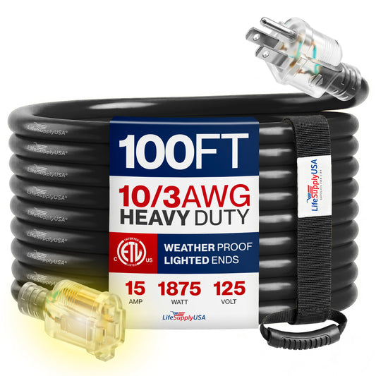 100ft Outdoor/Indoor Extension Cord 10/3 Gauge Ultra Heavy Duty 3 Prong SJTW, Waterproof, ETL Listed, Flexible Cold-Resistant Long Power Cord,15A 125V 1875W, Black by LifeSupplyUSA