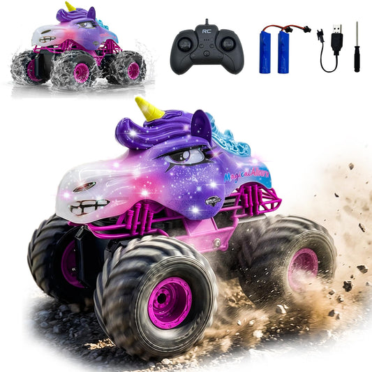 Unicorn RC Car for Girls 1:18 Amphibious Off-Road Remote Control Truck with LED Lights All-Terrain Monster Vehicle 2.4GHz High Speed Crawler Hobby Toy with 2 Batteries Birthday Gift Toys for Kids 6-12
