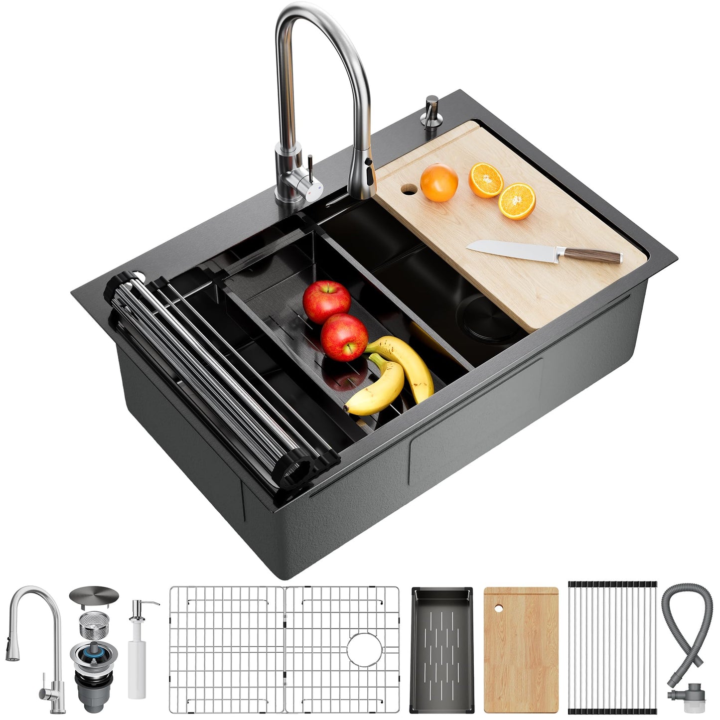 CAMMOO 33X22 Drop In Kitchen Sink, Nano 304 Stainless Steel Workstation Sink, Pop-Up Drain, Upgraded Fast Drain & Anti-Clog, Topmount Single Bowl with Accessories, Foldable Grid, black sink