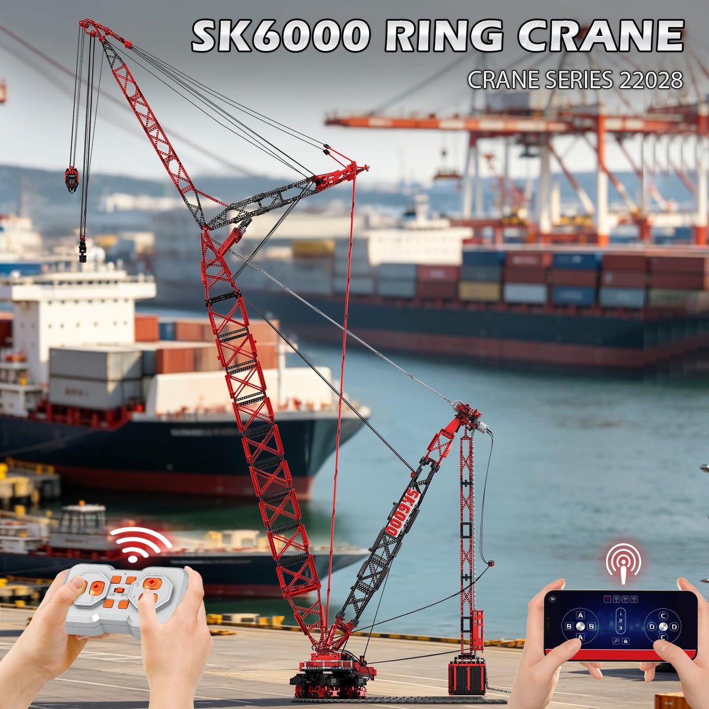 Reobrix RC Crane Building Block Sets for Adults 22028 Large 1:80 Scale 96.85 Inch Remote Control Crane Model Big Ring Rail Cranes Building Toys Construction Building Block Kits for Adults (7477PCS)