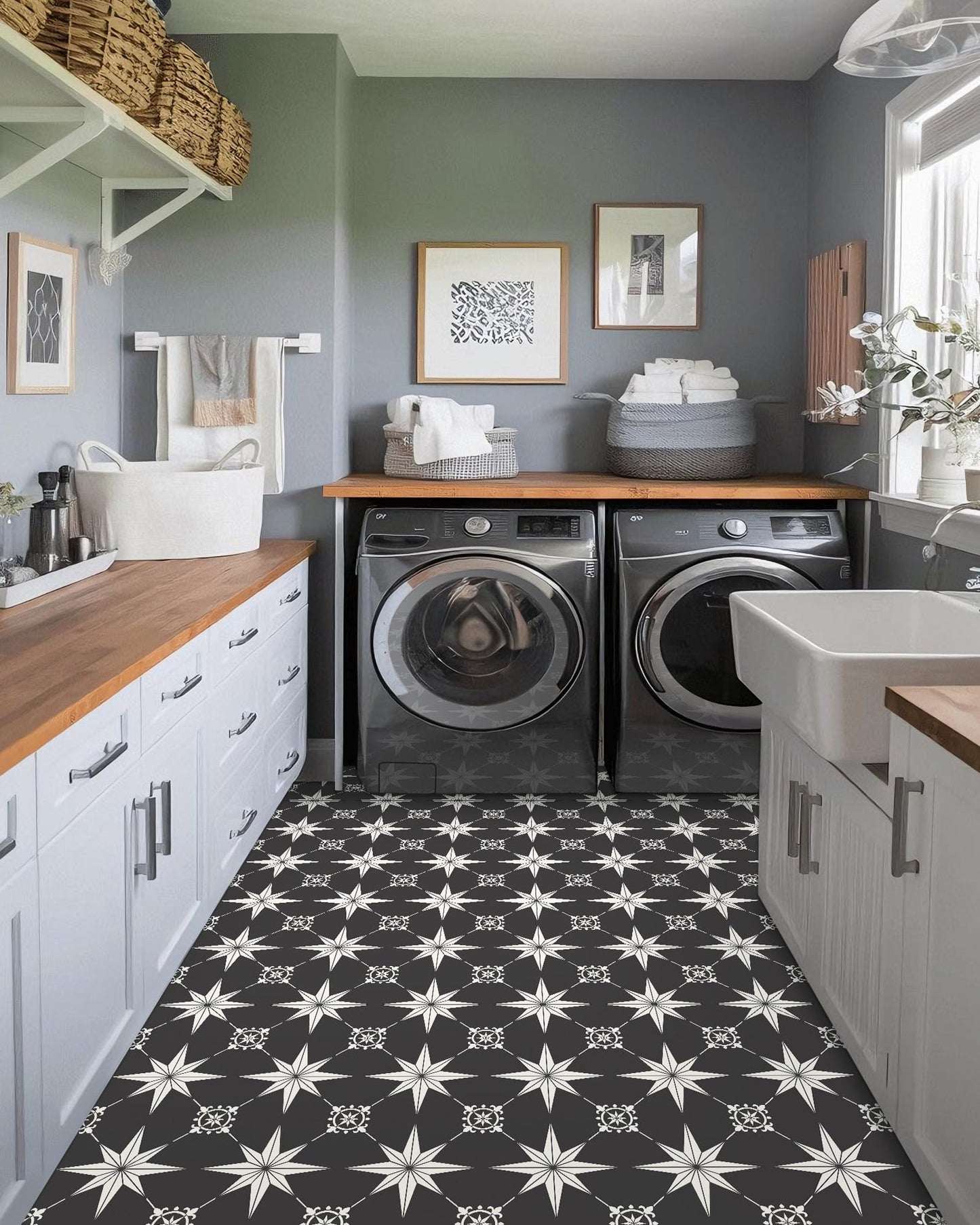 MORCART Peel and Stick Floor Tile - 40 PCS, 7.87" x 7.87" Vinyl Flooring - Waterproof Self-Adhesive Tile Sticker for Bathroom, Kitchen, Living Room, Bedroom - Black and White/Retro Floral Look
