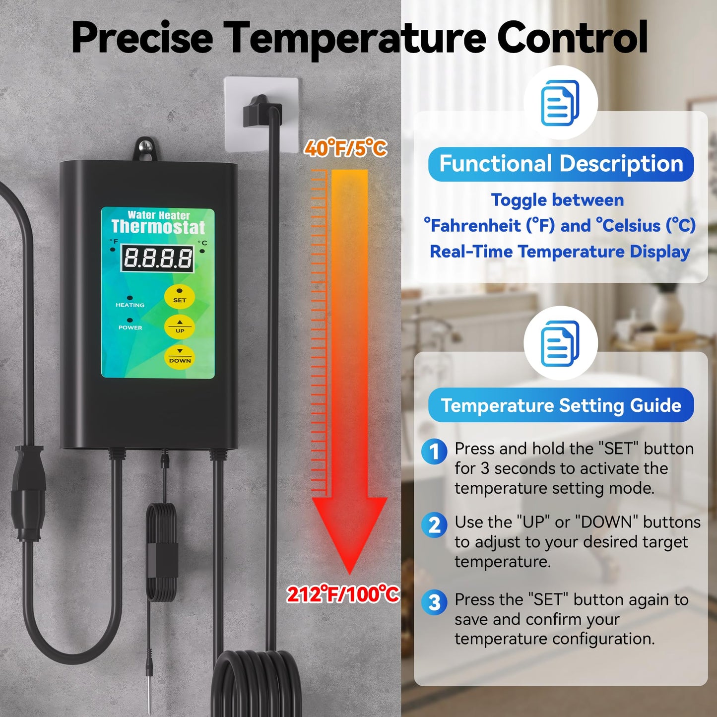 3000W Immersion Heater for Large Hot Tub & Medium Pool Heater, Submersible Immersion Heater with GFCI & Digital Thermostat, for Large Inflatable Hot Tub, Medium Above Ground Pool, Large Stock Tank