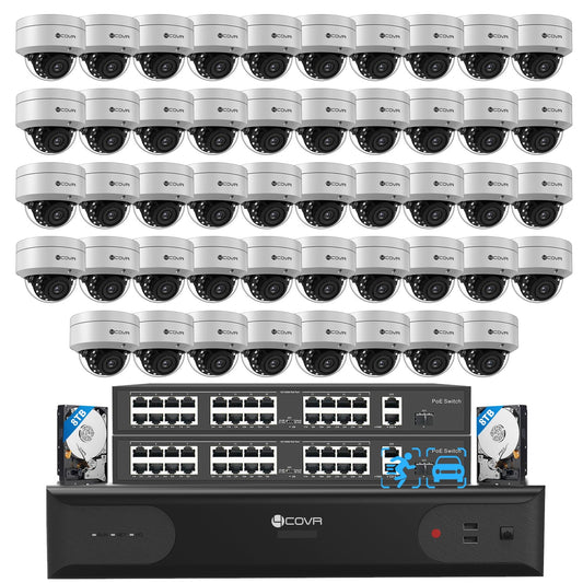 4COVR 64 Channel Security Camera System, Human Vehicle Detection, 48Pcs IK10 Vandal-Proof 8MP Commercial Dome PoE IP Camera IP67 with Mic, 8MP NVR 16TB HDD, 24/7 Business Surveillance, LY54AX8M6448